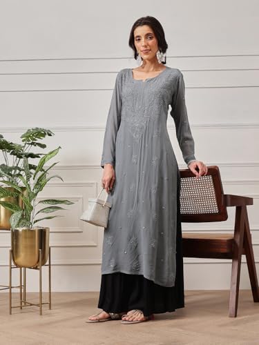 Image of Ada Hand Embroidered Lucknowi Chikankari Viscose Georgette Kurta Kurti for Women A411185