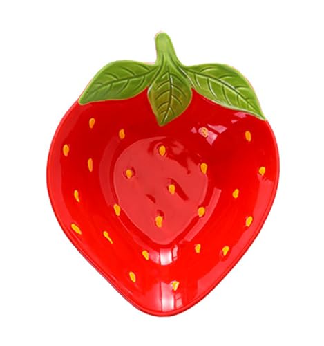 Mozacona Ceramic Strawberry Plate, Hand Drawn Dessert Dish, Salad Plate, Fruit Plate,7.8 inches