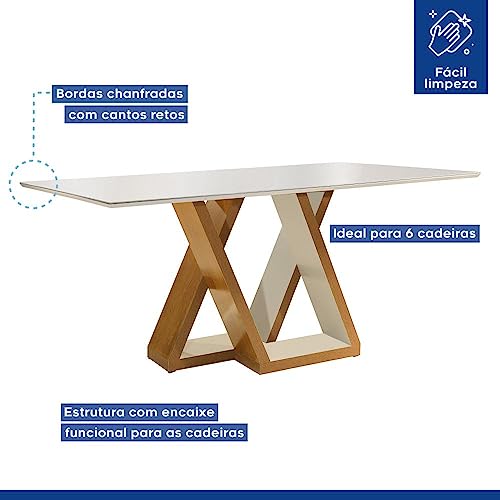 Conjunto Mesa Laguna Tampo Slim Vidro Plus 6 Cadeiras Laguna Cel Móveis Ypê/off White/suede Pena