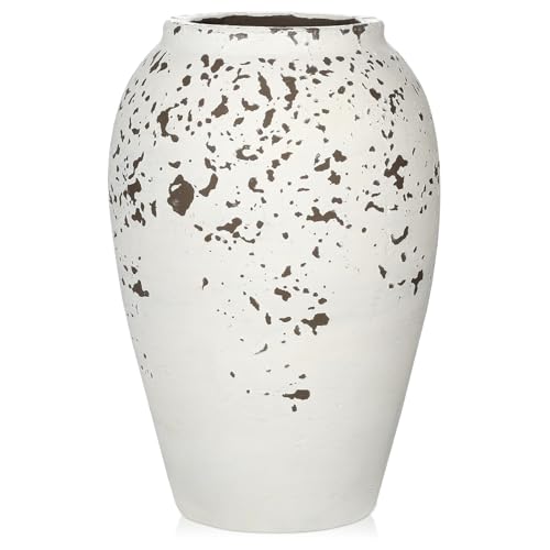 Jarrón de cerámica de 25 cm, hecho a mano, vintage, terracota, jarrón de mesa de cerámica para decoración de salón, oficina en casa, jarrón para hierba de Pampas, decoración rústica antigua, blanco