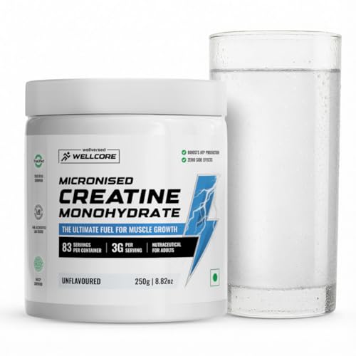 Wellcore Pure Micronised Creatine Powder (83 Servings, Unflavoured) For Enhanced Muscle Strength With Rapid Absorption | Creatine Monohydrate | Wellcore Creatine Unflavoured - 250g