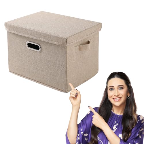 Image of HOKIPO Multipurpose Storage Box with Lid for Wardrobe, Home and Office, Beige, Medium,Pack of 1 (AR-4369-M), Polyester Linen