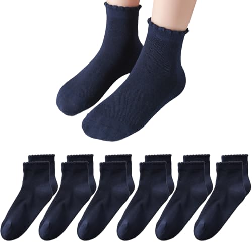 hoomore Girls White Ruffle Socks 6 Pairs Girls Ankle Socks for School Uniform Seamless Soft Cotton Dress Sox 6-8 Years(Navy M)