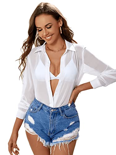 SweatyRocks Women's Long Sleeve See Through Button Down Shirt Slit Mesh Blouse Top3