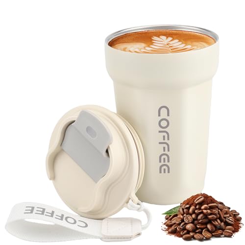 Lrocotanc Taza de Café Para Llevar - Termo de Acero Inoxidable 450ml - Vaso Térmico para Café - Taza Aislante Al Vacío A Prueba de Fugas con Tapa - Coffee Mug (Blanco)