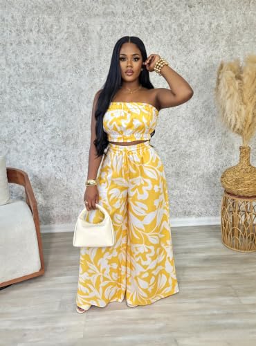 Image of Two Piece Sets for Women Summer Outfits Crop Tops and Wide Leg Pants Sets Sexy Jumpsuits Vacation Outfits with Pockets