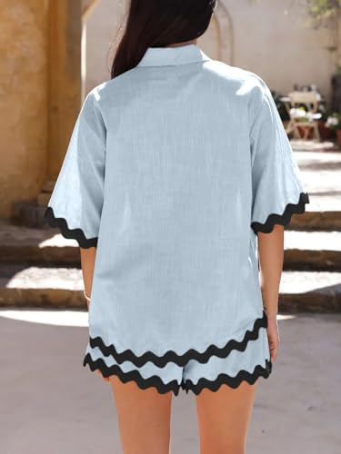 Image of Danedvi Womens 2 Piece Outfits Beach Vacation Summer Short Sleeve Button Down Shirts and Shorts Lounge Sets