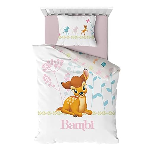 Parure de lit Disney Bambi 100% Coton pour Lit Bébé ou Junior - Housse de Couette 100x140 cm + Taie d'oreiller 40x60 cm