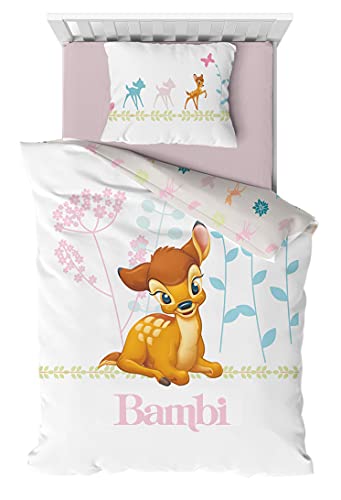 Parure de lit Disney Bambi 100% Coton pour Lit Bébé ou Junior - Housse de Couette 100x140 cm + Taie d'oreiller 40x60 cm