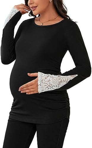 GINKANA Women's Maternity Long Sleeve Top - V Neck, Ruched Sides, Ribbed Knit Pregnancy Tee