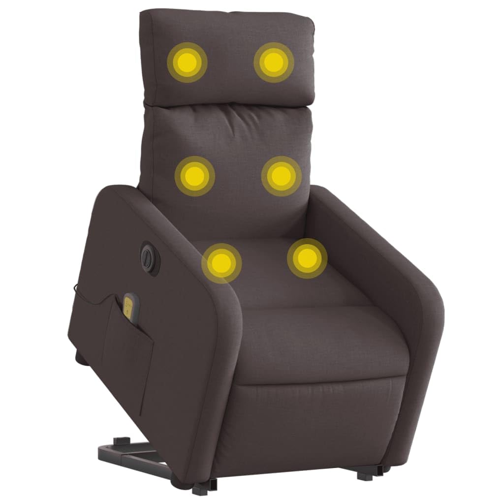 Sillón elevador eléctrico con masaje de 6 puntos y reclinación automática, tejido marrón oscuro, función elevación y vibración, estructura estable de madera