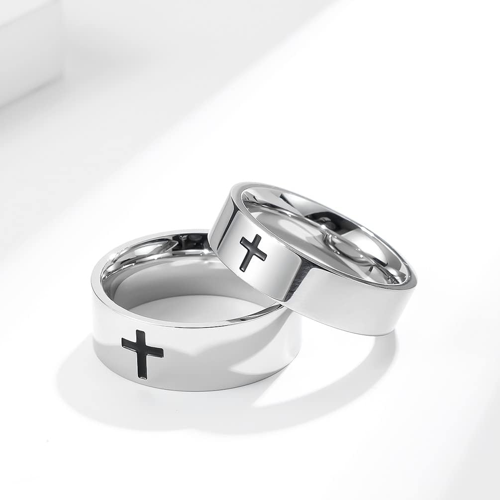Men's Cross Ring Stainless Steel Black/Silver 6mm/8mm Faith Engagement Wedding Promise Band Ring Jewelry size 8-12