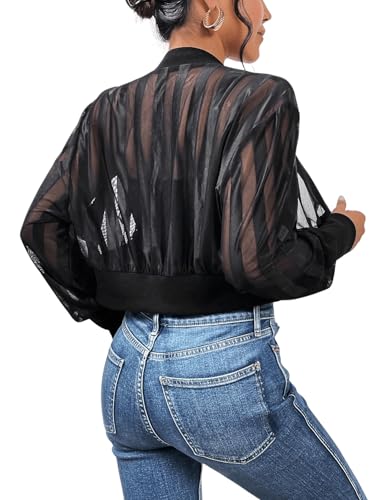 Milumia Women's Striped Lightweigh Sheer Mesh Crop Bomber Jacket2