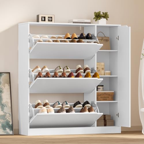 Image of BORNOON Shoe Cabinet with Side Storage, Shoe Organizer with 3 Flip Drawers
