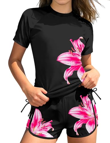 Image of AGAPENG Girls Swimsuit Two Piece Short Sleeve Rash Guard Floral Print Ruched Girls Bathing Suit UPF 50+ Swimwear for 9-16Y