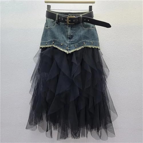 Women's Irregular Denim Tulle Skirts High Waist Mid-Length Mesh Pleated Mini Skirts Denim Patchwork Skirt3