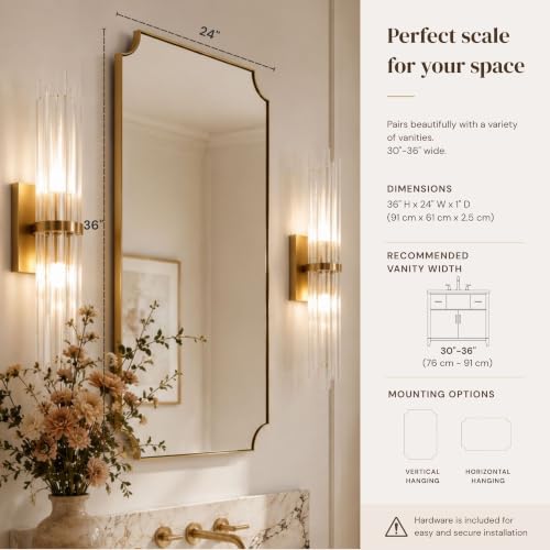 Image of TEHOME Gold Bathroom Mirrors, Brushed Brass Rectangle Scalloped Vanity Mirror for Bathroom,24x36''