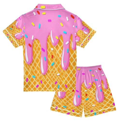 Satin Pajama Sets Short Sleeve Ice Cream Pink Button Down Silky Nightwear 2 Piece PJS 5-14Y2