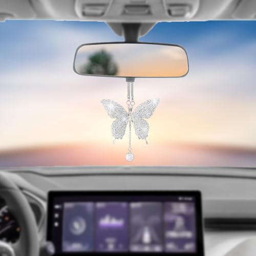 Bling Butterfly Diamond Car Hanging Accessories, Crystal Auto Rear View Mirror Charms, Charms Good Luck Gifts Amulet Ornament Hanging Interio Car Decoration for Women Interior(White)