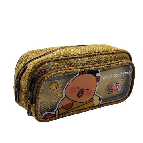 Image of Alokik Enterprise Cute Cartoon Pencil Pouch with Double Zipper & Transparent Window, Large Capacity Fabric Pen Case for School, Office, Students, Kids & Teens (Good Study Khakhi Pouch)