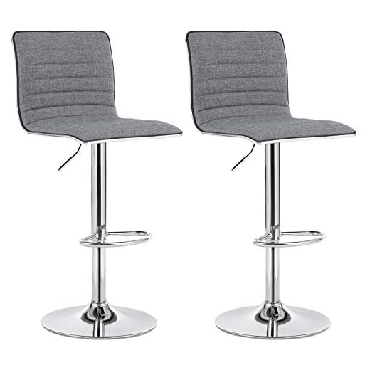 SONGMICS Juego de 2 taburetes de Bar Sillas de Cocina Cromado Ajustable 94-114 cm Base Ø41 cm, Lino Gris, LJB15G