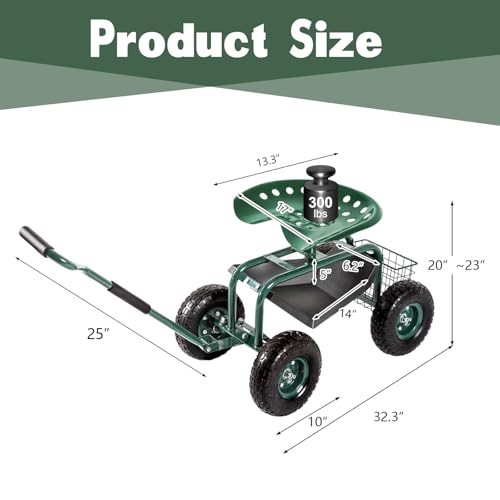 Kinsuite Garden Cart Rolling Work Seat Outdoor Utility Lawn Yard Patio Wagon Scooter for Planting Adjustable 360 Degree Swivel Seat Green