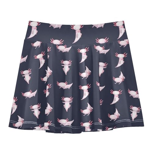 Aflyko Girls Pleated Skater Skirt Cute Pinks Axolotl Fun High Waist Cheerleading Dress Dance Skort with Lining Shorts Weekend Date Outfit Short Bottoms, 9-10Y