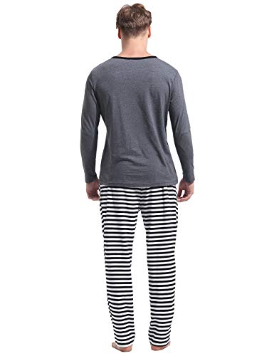 Aibrou Men's Pajama Set Cotton Long Sleeve Top & Bottom Striped Sleepwear Loungewear Gray - Thumbnail 4