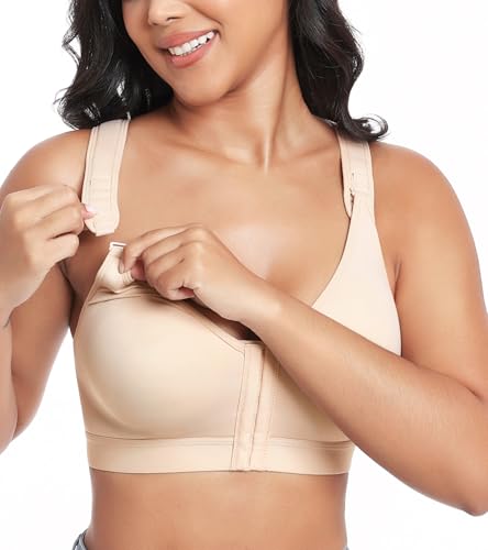 Lemorosy Sujetador Post-Operatorio con Cierre Delantero para Mujer Tallas Grandes Sin Aros Ajustable Espalda Deportiva Confort Soporte (Beige,90E)