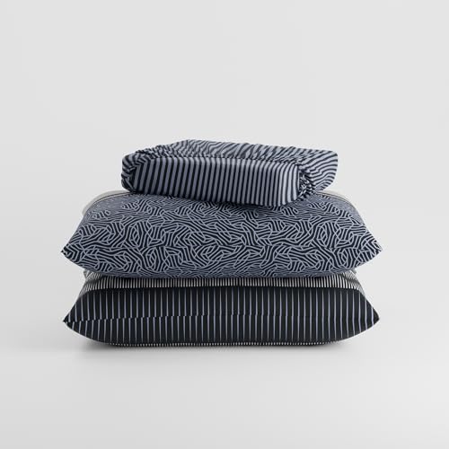 Image of BLISSHOME SoftTouch 150TC Cotton King Size Fitted Bedsheet with 2 Pillow Covers, Silky Smooth Bedding Set, Breathable, Easy Maintain, Geometric Pattern - Navy (183cm x 198cm + 25cm Drop)