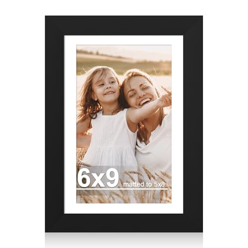 Hongkee 6x9 Picture Frame with Glass Display Pictures 5x8 with Mat or 6 x 9 without Mat - Wall and Tabletop 6 by 9 Photo Wooden Frames (Black 1 Pack)