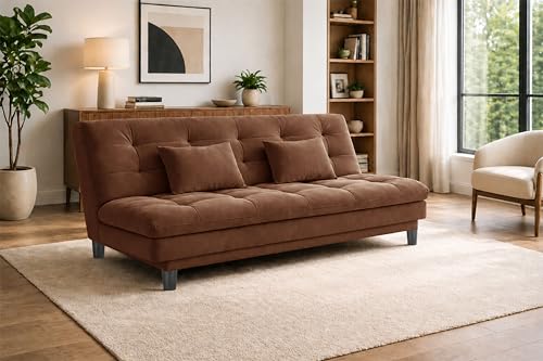 Image of 3-Seater Velvet Sofa Cum Bed, Tufted Convertible Sleeper Couch, Space-Saving Design, Comfortable Cushioned Seating - Brown