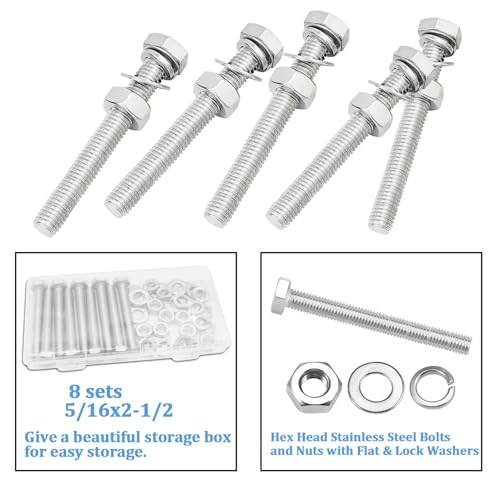 Image of 8 Sets 5 /16-18 x 2-1 /2 inch Stainless Steel Hex Head Screws Bolts, Flat, Nuts & Lock Washers,Hex Bolts 18-8(304) Full Thread