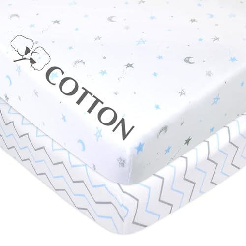 Image of American Baby Company 2 Pack 100% Natural Cotton Fitted Pack and Play Sheets 39 inch x 27 inch - Soft & Breathable Pack N Play Sheets for Playard & Mini Crib Mattress, Blue Stars /Zigzag, for Boys & Girls
