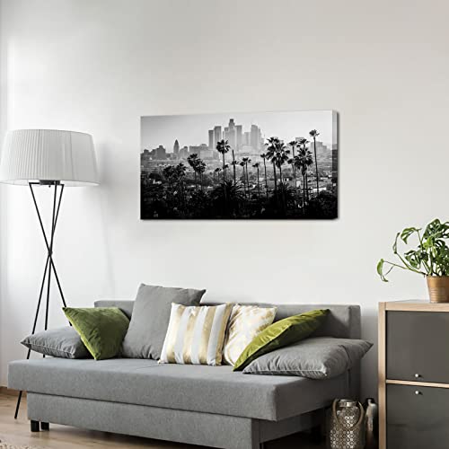 Fushvre - Black And White City Skyline Wall Art Los Angeles Downtown And Palm Tree Landscape Canvas Picture Print Cityscape Painting Wall Decor For Living Room Bedroom Framed 20"X 36" #TOP1