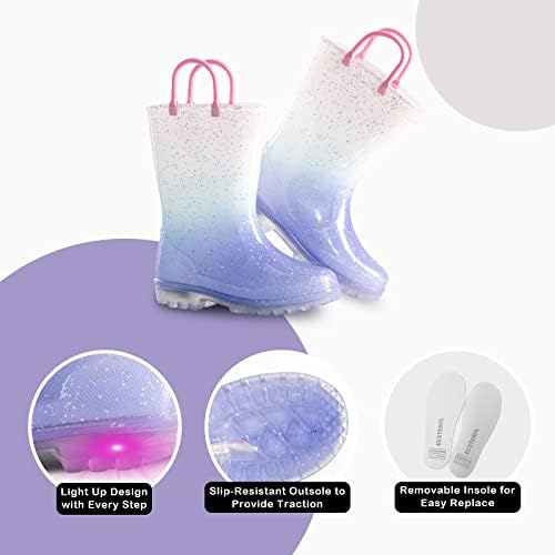 EUXTERPA Kids Toddler Light Up Rain Boots Girls Waterproof Patterns and Glitter Boots with Easy On Handles, Purple Gradient, Little Kid Size 13 - 4