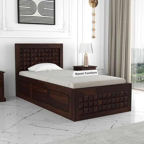 Image of Solid Sheesham Wood Single Size Bed with Box Storage for Bedroom Living Room Single Cot for Home Wooden Palang for Hotel (Walnut, Size 6 * 3)