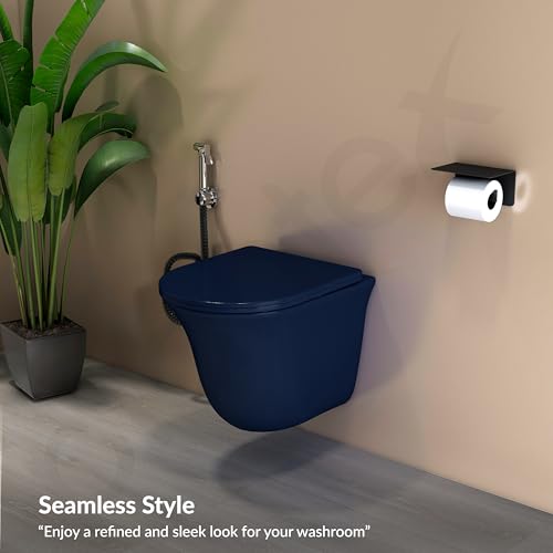 Image of Plantex Imported Ceramic Western Commode /P Trap Wall Hang Commode for Toilet /Rimless Washdown Western Toilet with Soft Close Toilet Seat (1166 - Porshe Blue)