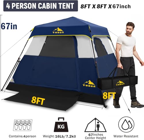 Toogh 3/4 Person/6 Person Camping Tent with 1 Door, 4 Windows, and Upgraded Ventilation– Instant Setup, Waterproof, 8'x 8'x 67''Oxford Fabric Floor Pop Up in 60 Seconds Includes Rainfly and Backpack