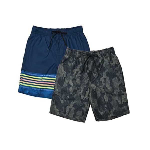 TEX2FIT Boy's 2-Pack Quick Dry Swim Trunks for 7-14yrs Boys with Mesh Lining and Pockets (2pcs Set) (Green Camo/Blue Stripe, Medium (10))