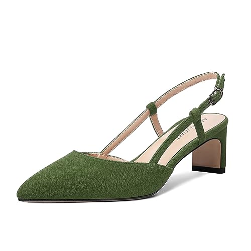 AMBELIGHT Dam spetsig tå mocka solid vardaglig spänne slingback utomhus tjocka låga klackskor 5 cm, Armégrönt, 41.5 EU