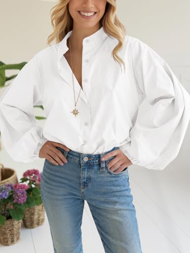 Tankaneo Womens Lantern Sleeve Button Down Shirts Oversized Mock Neck Blouse Trendy Casual Loose Fit Cotton Tops3