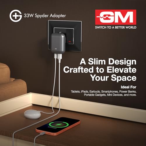 Image of GM G+ 33W Spyder GaN Charger | Foldable Indian Pin | Travel Friendly | Type-C & USB-A Port | Advanced Protection for iPhone, Samsung, Pixel Series, Tablets, MacBook M1 |1 Year Warranty- Electric Grey