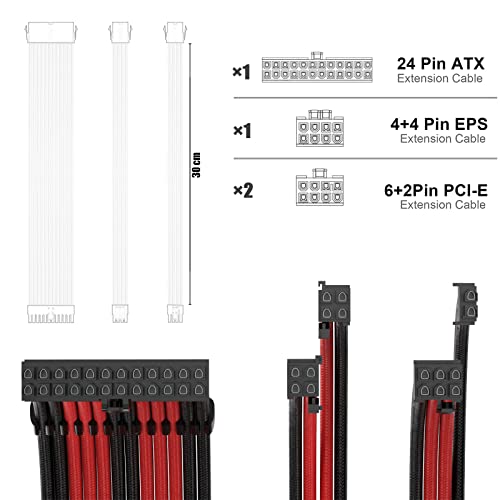Image of PSU Cable Extension Kit with Two Sets of Cable Combs 1x24Pin /1x8Pin(4+4) EPS /2x8Pin(6P+2P) PCI-E / 30CM Length,PC Sleeved Cable for ATX Power Supply(Black /Red)