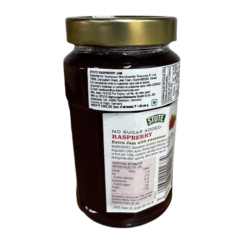 Image of Stute Raspberry Jam 430g, No Sugar Added, 90% Less Sugar & 30% Less Calories, Diabetic Friendly, Imported from UK