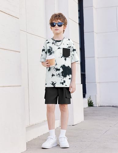 Image of Arshiner Boys' 2-Piece Cotton Outfit Short Sleeve Crewneck T-Shirt & Cargo Shorts Set Summer Casual Clothes for Kids 5-13