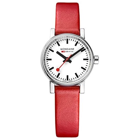 Mondaine Evo2 MSE.26110.LC Womens Watch 26mm - Official Swiss Railways Wrist Watch Red Leather Strap 30m Water Resistant Sapphire Crystal Cover
