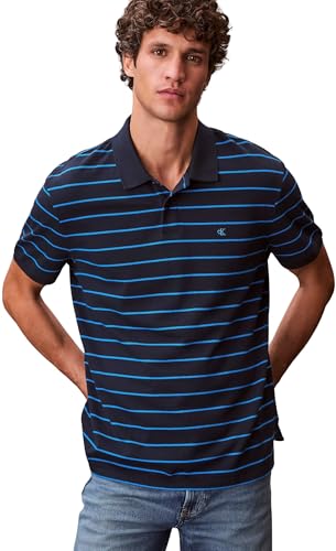 Calvin Klein Herren Poloshirt Kurzarm Striped Pique mit Knopfleiste, Blau (Dark Sapphire), 3XL – Ansicht 5