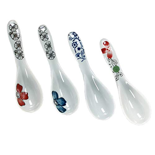 Asian Spoons Set of 4 Japanese Soup Spoons Creamic Hand Painted Flower Design Glaze Spoon for Food Rice Ramen Udon Noodle