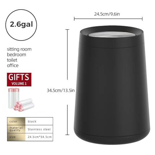 Image of 10 L /2.6 Gallon,Matte Black Bathroom Trash Can,Metal Garbage Can with Flipping Lid,for Bathroom, Living Room,Bedroom,Hotel,Office, Laundry Room (Black)